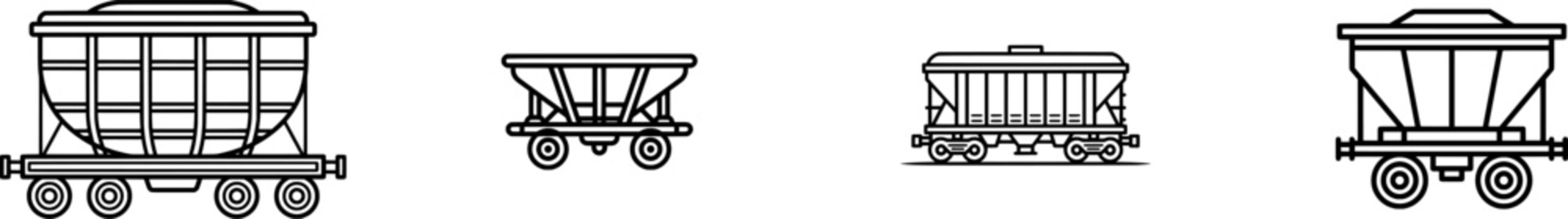 A minimalist black outline railway coal hopper car icon with uniform lines stands isolated on a pure white background, showcasing its simple yet effective design