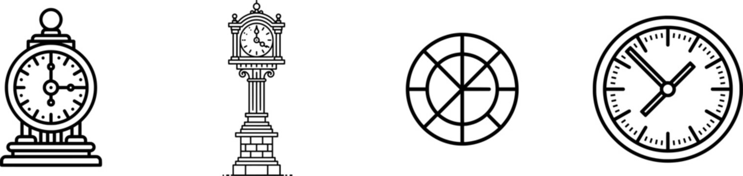 A black outline icon of a railway station clock with stylized hands, thick uniform lines, isolated on pure white background, minimalist flat vector style