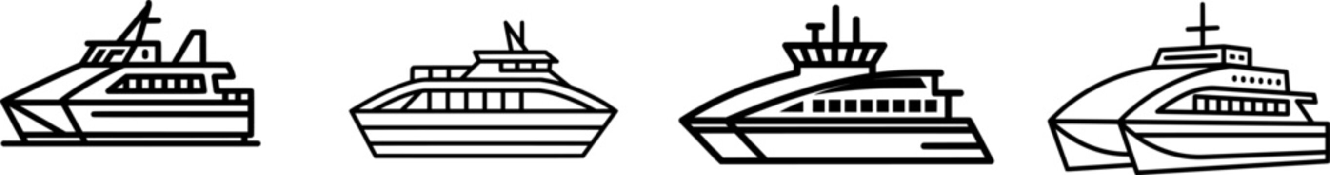 A sleek black outline icon of a passenger catamaran ferry boat, featuring thick uniform lines against a pure white background, embodies minimalism with no shadows or branding
