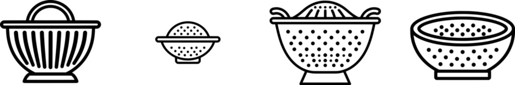 A minimalist black outline icon of a pasta colander bowl with uniform lines, isolated on a pure white background, showcasing its simple design and functionality in a clean, flat vector style