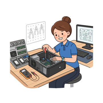 Female IT technician assembling computer hardware at workshop desk vector illustration