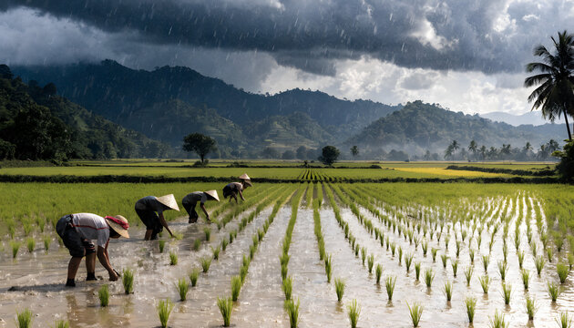 Farmers planting rice seedlings within flooded terraced fields under dramatic stormy tropical mountain skies with agricultural workers wearing