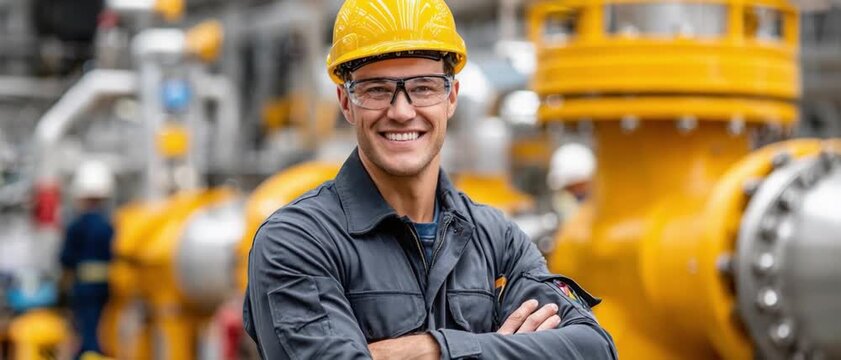 Industrial Worker with Safety Gear: A smiling male industrial worker wearing a yellow hard hat, safety glasses, and work uniform stands proudly with arms crossed in a factory setting.