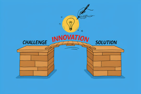 Flat vector illustration of innovation bridge linking challenge and solution blocks with pen drawing lightbulb icon on blue background