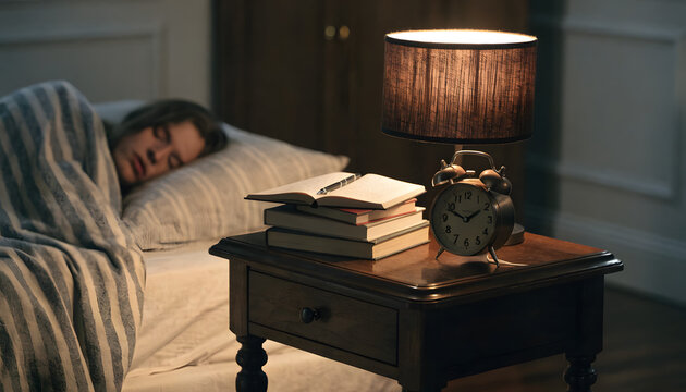 Person sleeping peacefully beside bedside table with alarm clock and stacked books in dim lighting with books wooden nightstand sleeping under striped