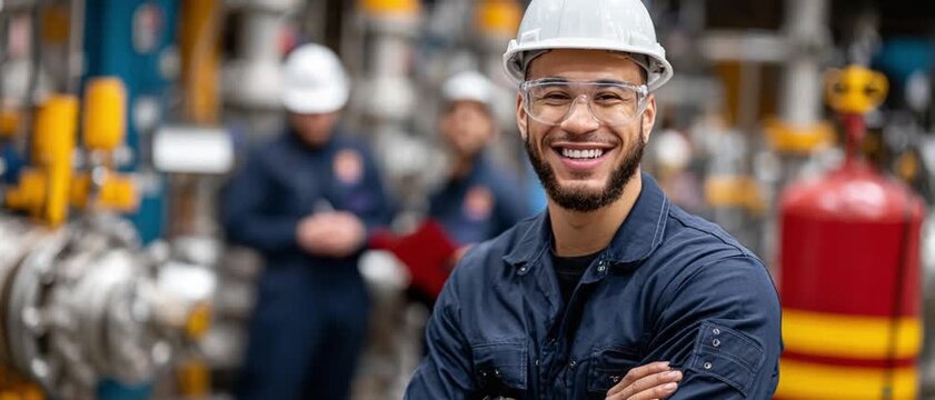 Industrial Pride: A smiling worker in a hard hat and safety glasses stands confidently in a factory setting, with colleagues working in the background.