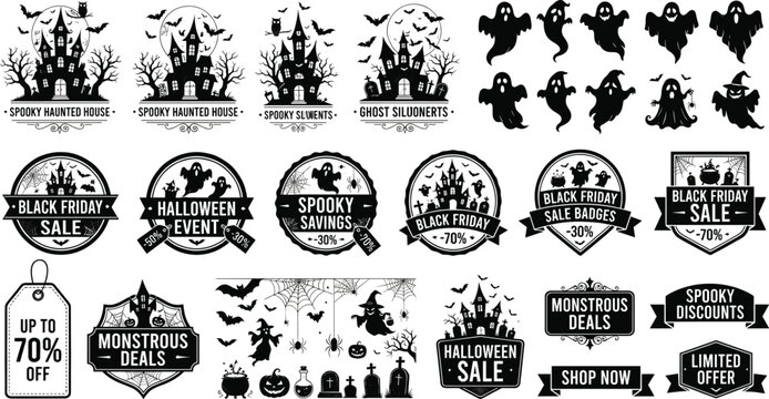 Halloween Black Friday sale badge vector set featuring haunted house silhouettes flying ghosts creepy spiders offer tags monstrous deals and discount labels bundle
