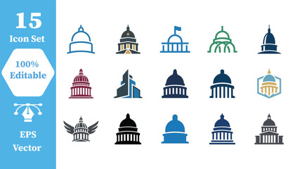 Fototapeta premium Set of fifteen government building icons including capitol and courthouse