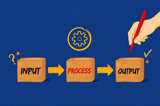 Data processing workflow concept showing hand drawing checkmark over input process and output wooden blocks on blue background