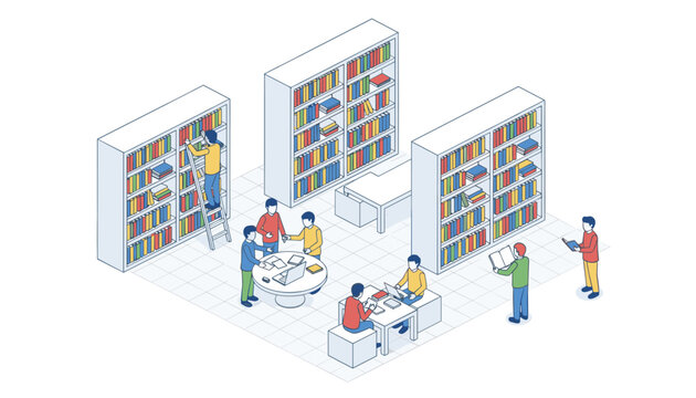 People study and browse books in an organized library space with tall shelves and a rolling ladder in an isometric view.