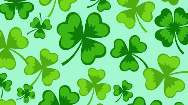 Seamless animated background of cartoon green shamrocks on a light teal background for St Patrick's Day celebration