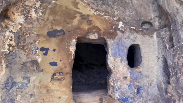 Carved cave ceiling displaying geometric recesses at Uplistsikhe in Georgia documents ancient stone craftsmanship for archaeological research, architectural history and cultural heritage preservation