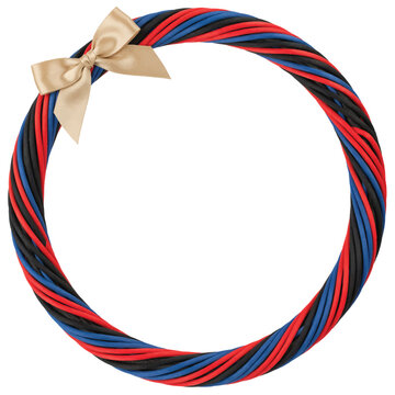 Decorative circular frame made of multicolored twisted rope with elegant beige fabric bow circular multicolored decorative isolated colorful ornament