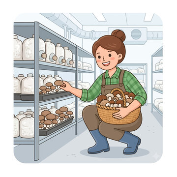 Young woman farmer harvesting fresh organic mushrooms on shelves in indoor farm illustration