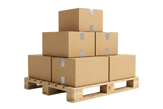 Cardboard boxes stacked on wooden pallet ready for shipping and delivery isolated on transparent background professional warehouse logistics and supply chain packaging solution.