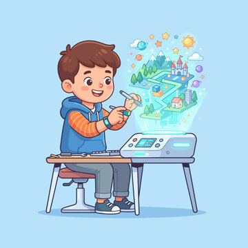 Cute little boy using a futuristic holographic projector to create a colorful 3D fantasy world and digital city