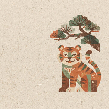 risograph style cute korean folk tiger and pine tree