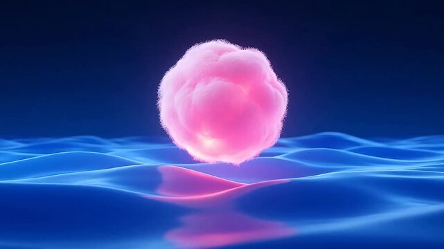 Glowing pink cloud sphere over blue waves