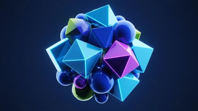 Abstract 3D rendering of geometric shapes with vibrant neon edges on dark blue background, seamless animation