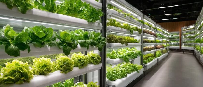 Vertical Farming System: Rows of lush, healthy lettuce grow in a sustainable vertical farm, illuminated by modern LED lighting, showcasing innovative agricultural technology.