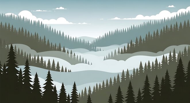 Aerial view of snow-covered mountain range with pine forest.