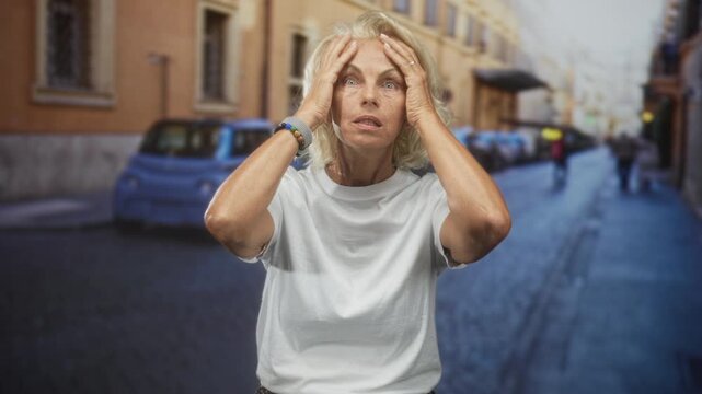 Middle aged blonde woman holding head with hands, mouth open, standing on a cobbled street by parked car and building facades; aging shock.