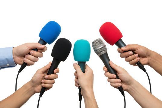 Press conference media reporters holding microphones to interview celebrity or politician during event isolated on transparent grid.