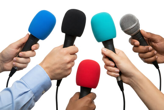 Group of hands holding microphones for interview event media press conference announcement or broadcast journalism recording and news gathering live stream.