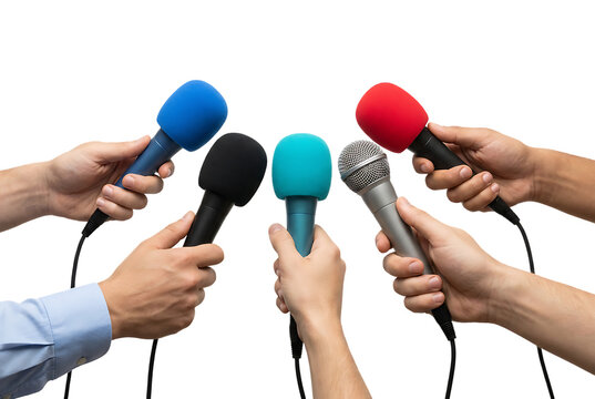 Group of hands holding microphones for interview event media press conference announcement or broadcast journalism recording and news gathering live stream.