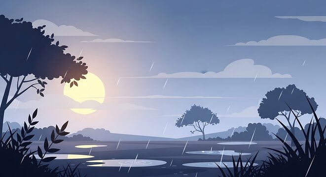 Golden sunset over serene lake with silhouetted trees.
