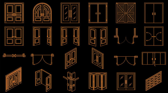 Detailed Double Door Symbols CAD Blueprint Vector Set Multi View Architectural Technical Drawing Orange Outline
