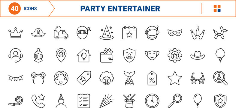 Childrens party entertainer line icon set. Vector pictograms of character, costume, kids, and birthday elements, thin linear illustration.