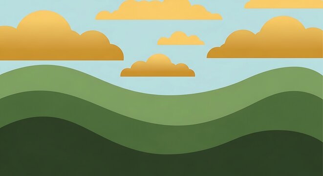 Serene green hills under golden sunset sky.