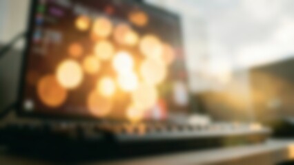 Fototapeta premium Modern AI Computer Workspace with Glowing Bokeh for Technology