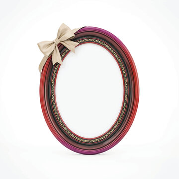 Vintage red and dark brown oval ornate picture frame with a beige satin bow ribbon isolated decorative isolated background template photography invitation