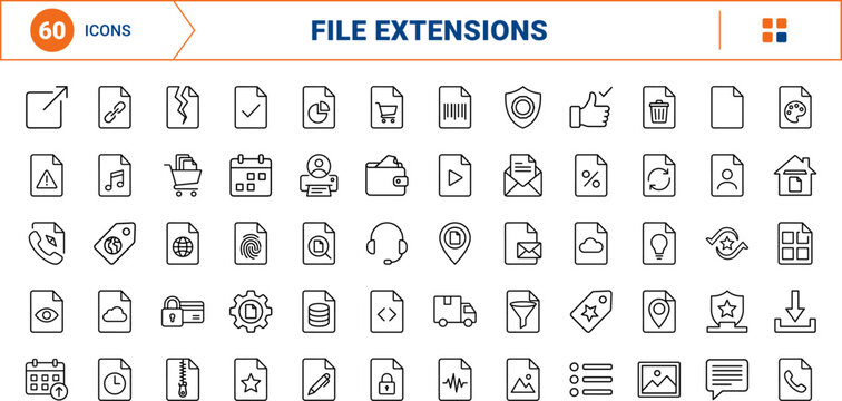 Document formats line icon set. Vector pictograms of file, format, badge, and extension elements, thin linear illustration.