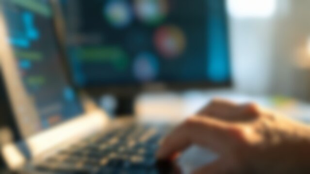 Blurred programmer typing on laptop for AI technology website banner