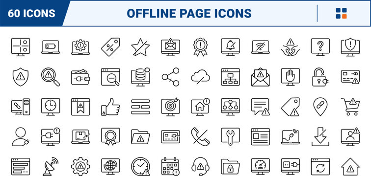 Offline page line icon set. Vector pictograms of simplified, geometry, website, and user elements, thin linear illustration.