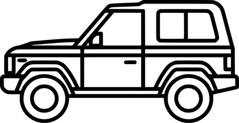 Fototapeta premium A rugged black outline icon of a rugged 4x4 SUV in side view, with thick uniform lines on an isolated pure white background, minimalist flat vector style