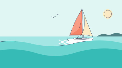 Fototapeta premium Modern sailboat gliding on clear ocean water – Suitable for maritime resort branding, cruise travel brochures, or summer vacation graphics.