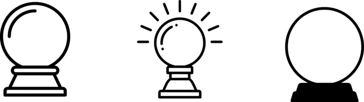 A minimalist black outline crystal ball icon with a glowing effect, isolated on a pure white background, exudes an aura of mystique and mystery