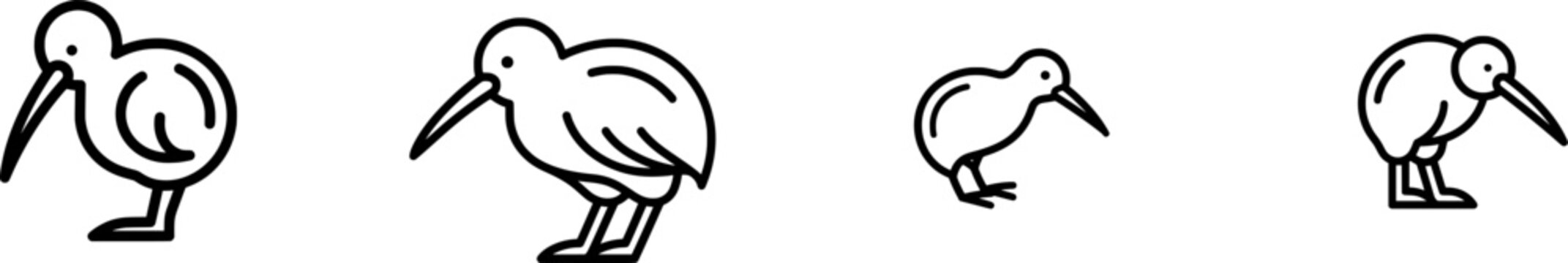 A minimalist black outline icon of a kiwi bird with a long beak stands on one leg against a pure white background