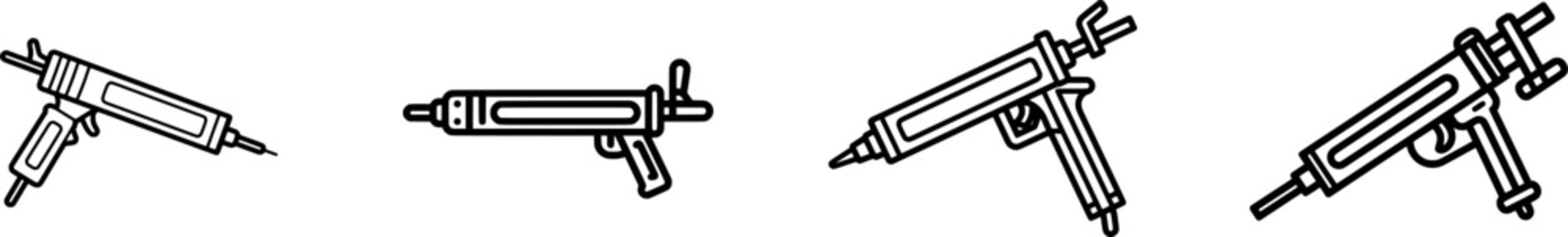 A sleek black outline sealant caulk gun icon with thick uniform lines is depicted on a pure white background in a minimalist flat vector style