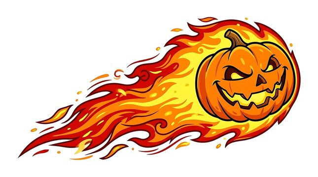 A flaming scary carved pumpkin flying like a comet for a spooky and fun happy halloween celebration