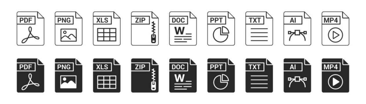 File format icon set with editable outline and solid vector document, office, calendar, and extension icons