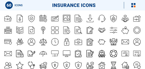 Fototapeta premium Life insurance website line icon set. Vector pictograms of policy, family, protection, and health elements, thin linear illustration.