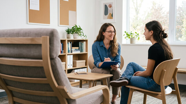 Student academic guidance session with counselor in a bright office setting