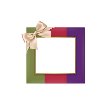 Square photo frame border with ribbon bow and tricolor edge for holiday greeting cards celebration decoration invitation greeting packaging isolated