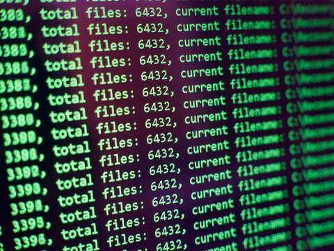 Close-up of data recovery log output on monitor