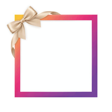 Gradient colored square border frame with beige ribbon bow for festive design gradient colorful isolated celebration invitation template packaging